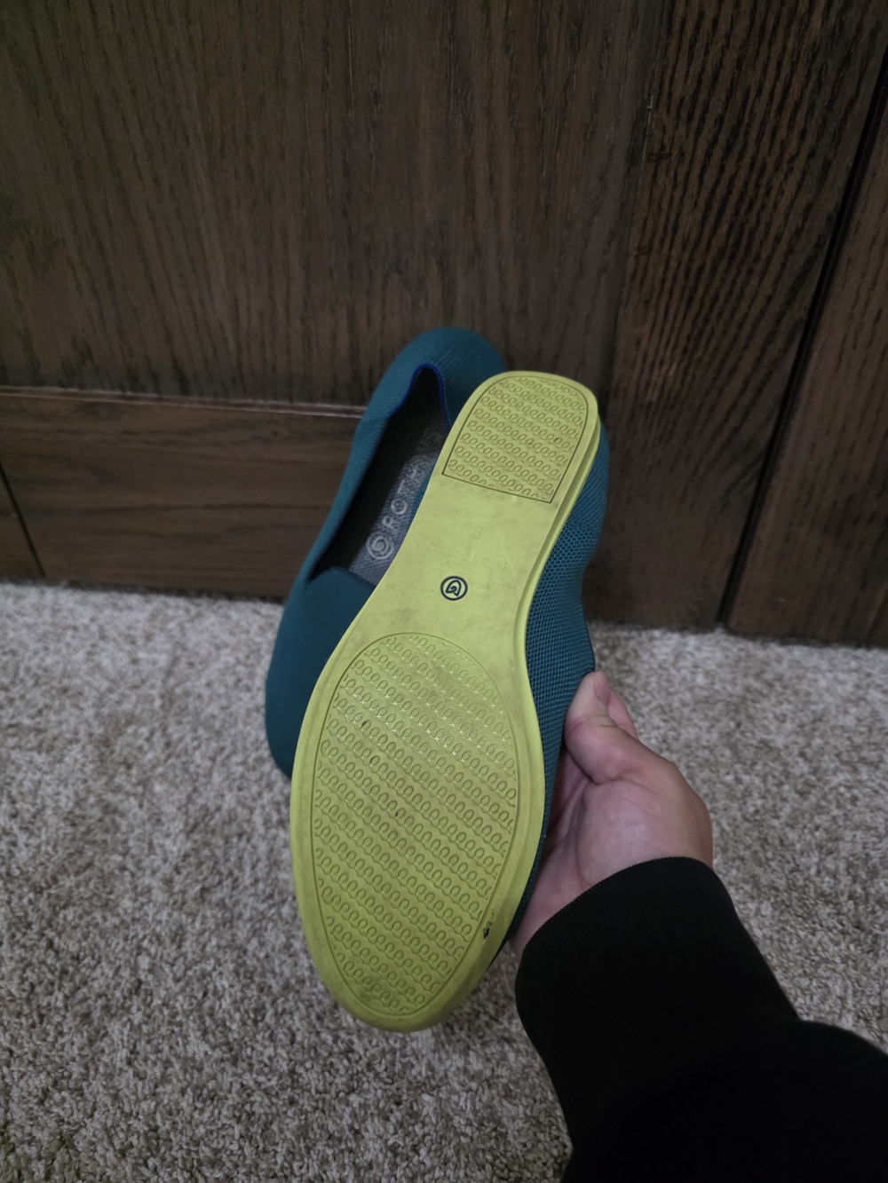 Rothy's Teal Slip-On Flats with Lime Trim - Picture 3 of 5